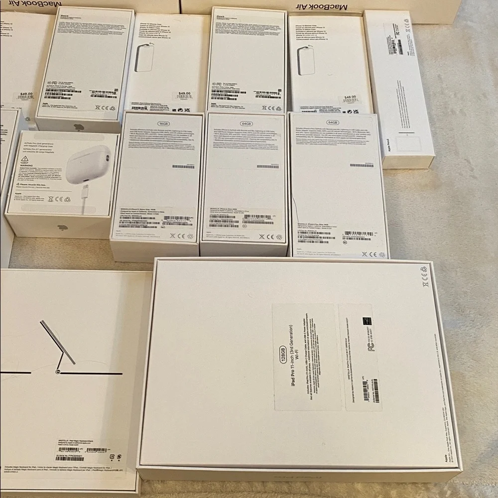 Bundle of EMPTY Apple packaging:  2 MacBook Air 13, AirPods Pro, iPhones, etc.